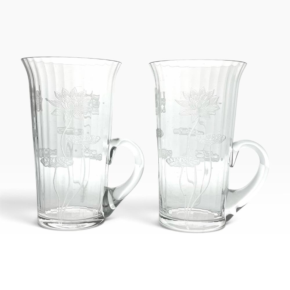 1910s Antique Fostoria Lotus 2 Etched Optic Handle Mug Tumbler Glasses 5” 10oz
